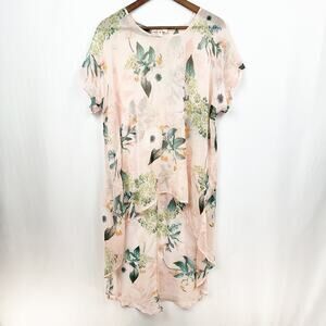 Meraki Duster Tunic Top Size L Sheer Blush Pink Floral Hi Low‎ Coverup Flare Hem